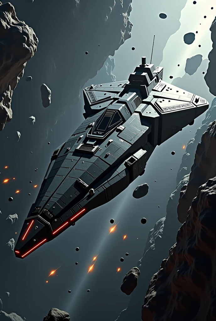 Armored combat spaceship named "Application" in an asteroid field