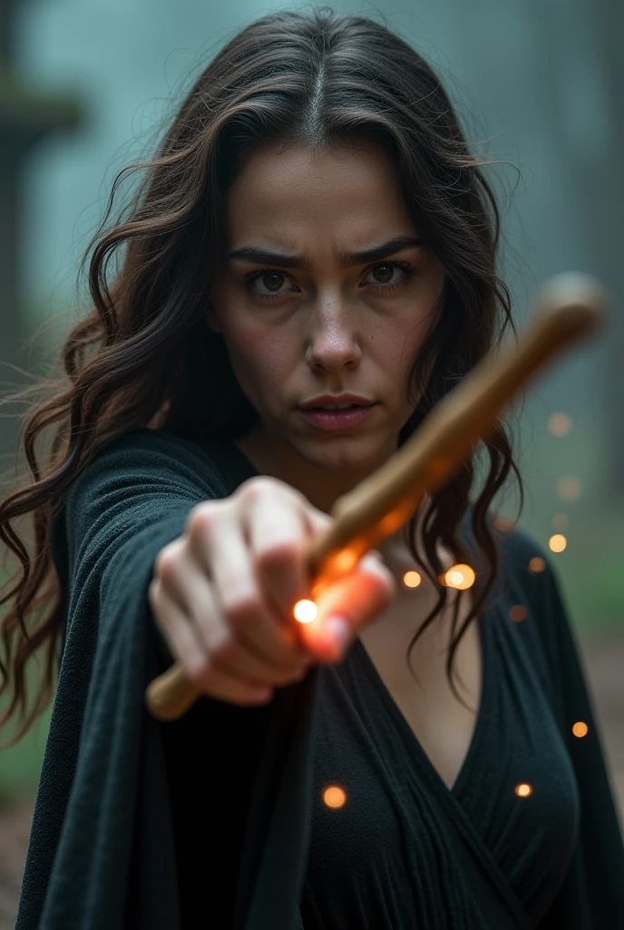 A woman with dark brown wavy hair pointing her wand to the screen and showing pain on her face