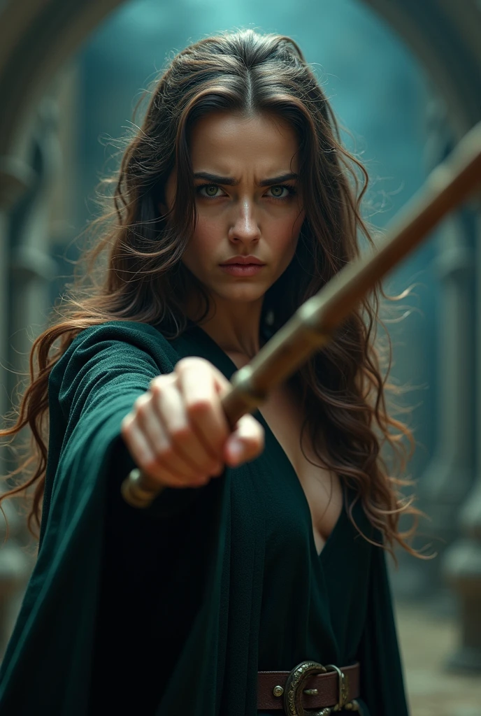 A woman with dark brown wavy hair pointing her wand to the screen and showing pain on her face