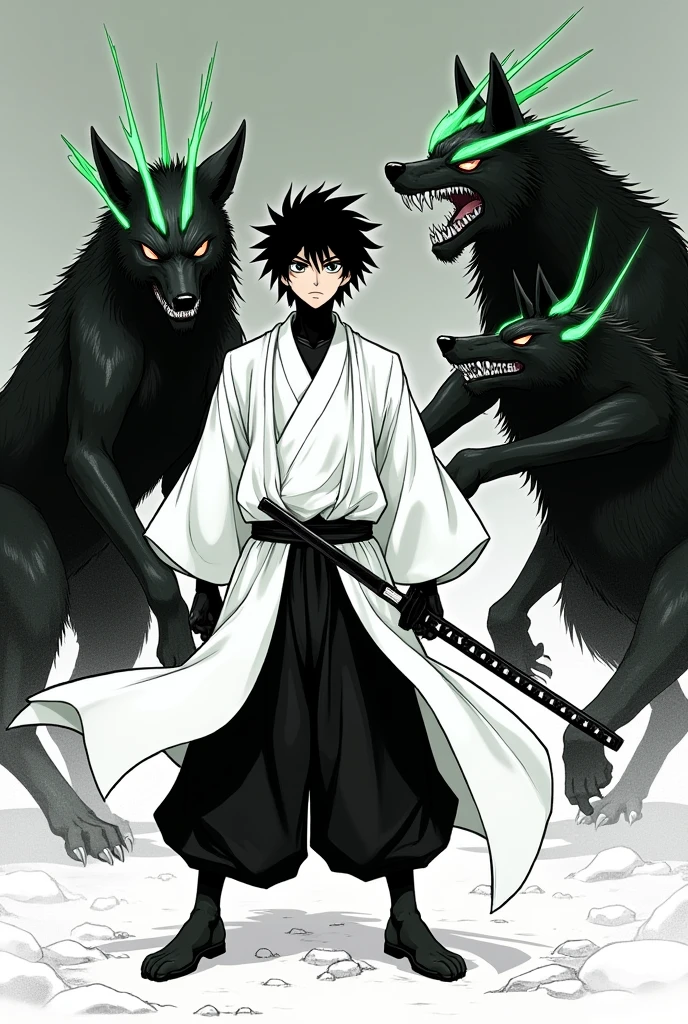 Clear, Here I provide you a detailed description for the second illustration that you can use in another image generator:
### Description of the Illustration:
**scene:** The illustration shows Yasuke, a young 15 year old samurai, Facing three beasts that resemble wolves, but with an unnatural appearance and green crystal horns that glow ominously. The creatures are threatening, but a little smaller than Yasuke, allowing the main focus to be on it.
**Yasuke's Pose and Outfit:** Yasuke is in a determined stance, with feet firmly on the ground, holding his katana with both hands. Her kimono is completely white, and his pants are black. The black and white manga style illustration