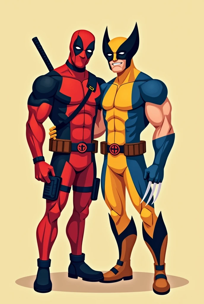 Vector drawing, Flat.
Deadpool and Wolverine facing forward, as the spectator, and posing hugging each other as if for a photo, with their complete characteristic costumes