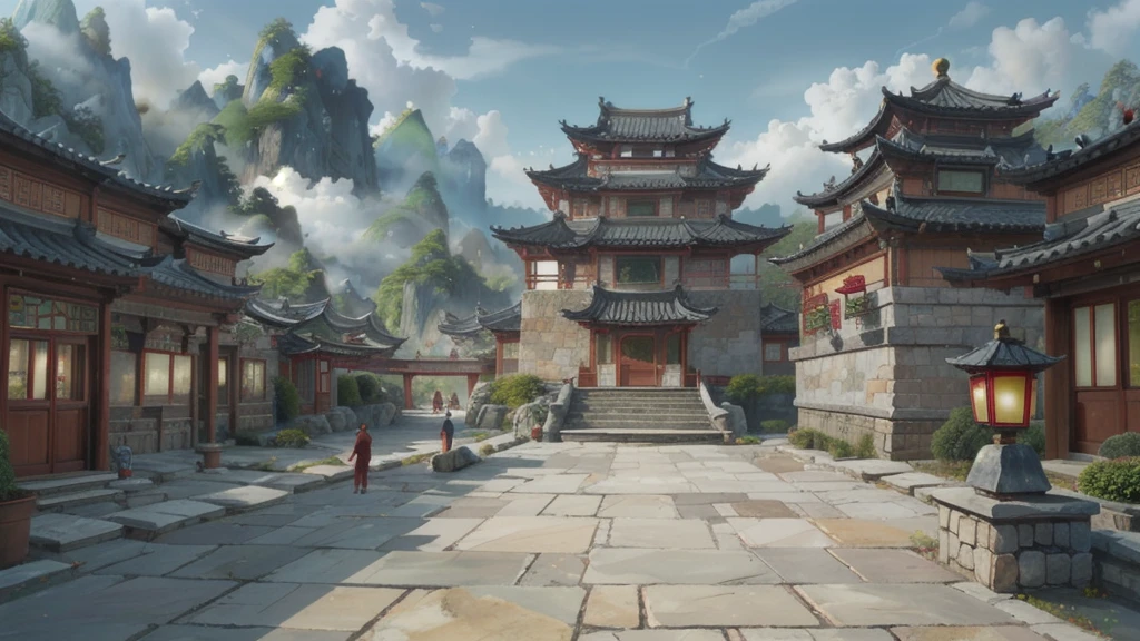 中国Ink画, masterpiece , best quality, Ink画,Guo Chao,Ink,(Xianxia scene,Fantasy fairyland scene,Pavilions,architecture具有东南亚特色,cloud雾缭绕:1.5),outdoor,Sky,daytime,cloud,Tree,Blue sky,nobody,window,plant,architecture,landscape,lantern,stairs,Potted plants,architecture,东亚architecture,landscape