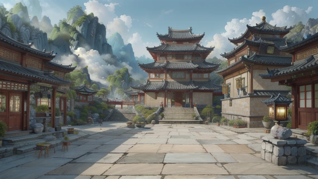 中国Ink画, masterpiece , best quality, Ink画,Guo Chao,Ink,(Xianxia scene,Fantasy fairyland scene,Pavilions,architecture具有东南亚特色,cloud雾缭绕:1.5),outdoor,Sky,daytime,cloud,Tree,Blue sky,nobody,window,plant,architecture,landscape,lantern,stairs,Potted plants,architecture,东亚architecture,landscape