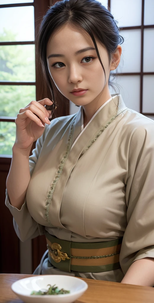 (8k, Highest quality, Super detailed:1.37), (eric), 18-year-old, (Japanese tea ceremony enthusiast), Enjoy a traditional tea ceremony in an elegant teahouse. she is wearing a beautiful kimono, Show your appreciation for Japanese culture. 高解像度の画像はSuper detailedなリアリズムを捉えます, emphasizing eric's captivating eyes, Perfect Skin, A calm expression on her face as she enjoys tea. A carefully crafted tea room, Exquisite details and a serene atmosphere, Adds more authenticity to the scene, showcasing eric's passion for the art of tea, Very huge face bigger breasts