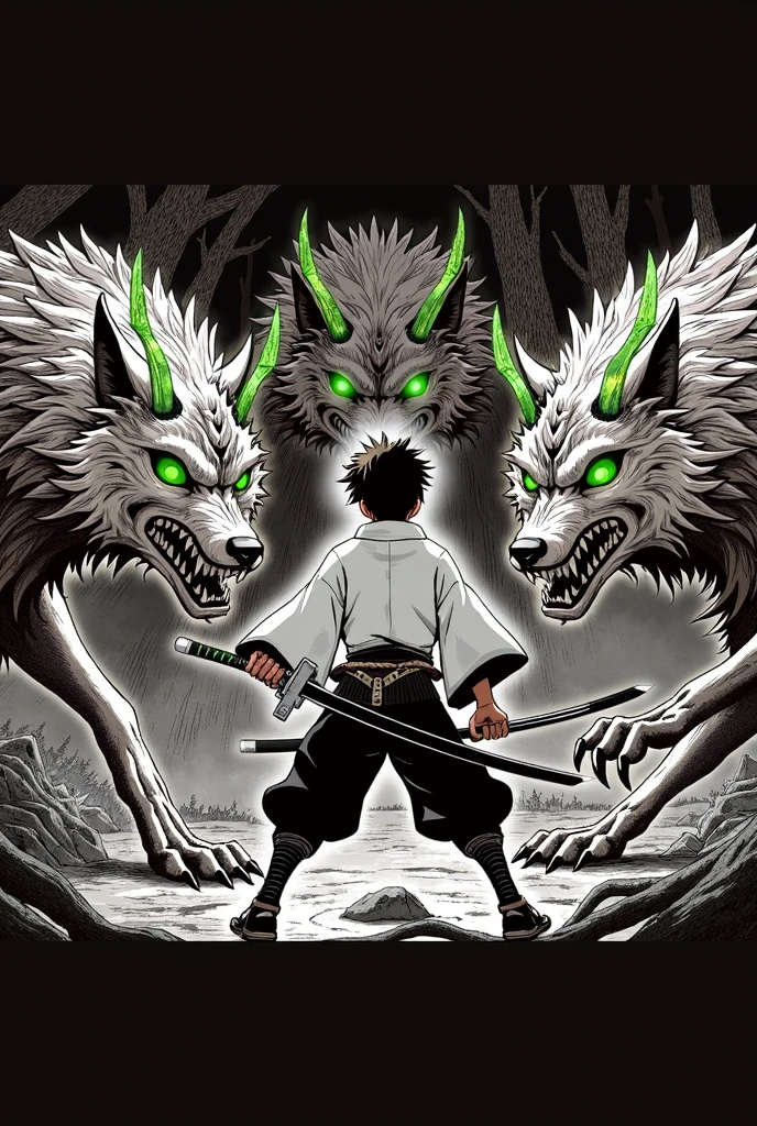 Clear, Here I provide you a detailed description for the second illustration that you can use in another image generator:

### Description of the Illustration:
**scene:** The illustration shows Yasuke, a young 15 year old samurai, Facing three beasts that resemble wolves, but with an unnatural appearance and green crystal horns that glow ominously. The creatures are threatening, but a little smaller than Yasuke, allowing the main focus to be on it.

**Yasuke&#39;s Pose and Outfit:** Yasuke is in a determined stance, with feet firmly on the ground, holding his katana with both hands. Her kimono is completely white, and his pants are black, highlighting his figure in the middle of the darkness of the forest.