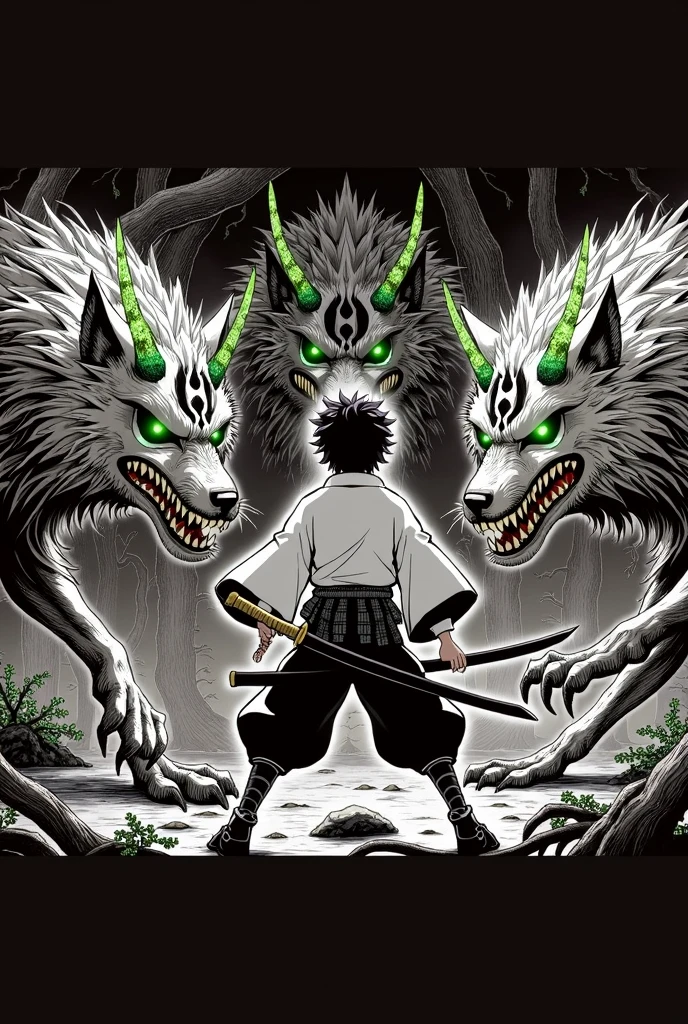 Clear, Here I provide you a detailed description for the second illustration that you can use in another image generator:
### Description of the Illustration:
**scene:** The illustration shows Yasuke, a young 15 year old samurai, Facing three beasts that resemble wolves, but with an unnatural appearance and green crystal horns that glow ominously. The creatures are threatening, but a little smaller than Yasuke, allowing the main focus to be on it.
**Yasuke's Pose and Outfit:** Yasuke is in a determined stance, with feet firmly on the ground, holding his katana with both hands. Her kimono is completely white, and his pants are black, highlighting his figure in the middle of the darkness of the forest.