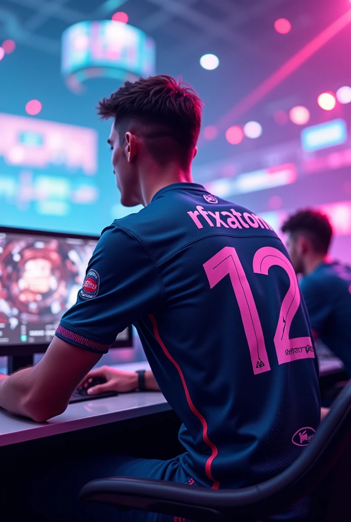  eSports player with Jersey number 12 and player name RFxATOM on the back jersey