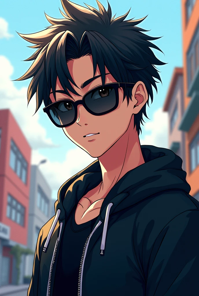 A 17 year old anime boy wearing black colour sunglasse