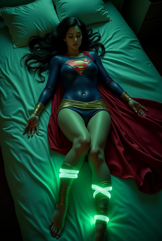 LAYING HELPLESSLY ON ON HER BED, IN A PITCH BLACK ROOM A BONDAGE SCENE WHERE A HOT SUPERGIRL WITH LONG BLACK HAIR WEARING HER ICONIC SUPERGIRL OUTFIT AND CAPE, HER HANDS AND FEET TIED UP TOGETHER WITH GLOWING GREEN KRYPTONITE ROPE. INCREDIBLE DETAILS, HYPER DETAILED IN 8K RESOLUTION