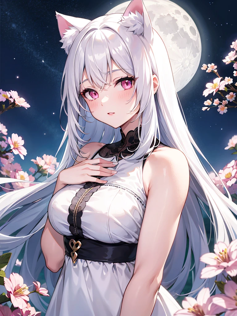 masterpiece, Cat ear,Awesome girl, Night moon Full moon, 1 female, Mature Woman, A woman with long silvery white hair, Pale pink lips, Calm, intellectual, Pink Eyes,Flower