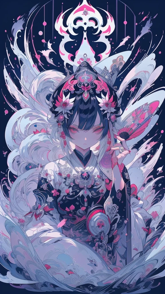 There is a woman holding a fan in her hand., Korean Art Nouveau Animation, Amano, detailed Anime Artwork, The sharp gaze of the Yuki-onna, Artbook artwork, beautiful Anime Artwork, detailed Anime Art, The Detailed Art of the Onmyoji, Burning, beautiful Anime Art, Japanese art style, Ishida Sui Art Manga, Anime Art