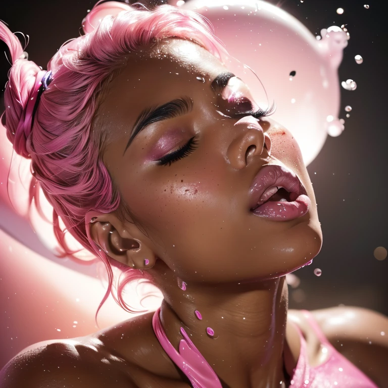 1girl, head phones, under pink bubble water, (1), (Latina), dark skin, wide shot, (pink strapless dress), (Masterpiece, Professional lighting, 16k, 8k wallpaper, raw photo, photorealistic:1.8, ultra detailed, natural lighting, detailed skin sexy pose, open mouth, big lips, night time, eyes closed, pink light, steam, pink foam