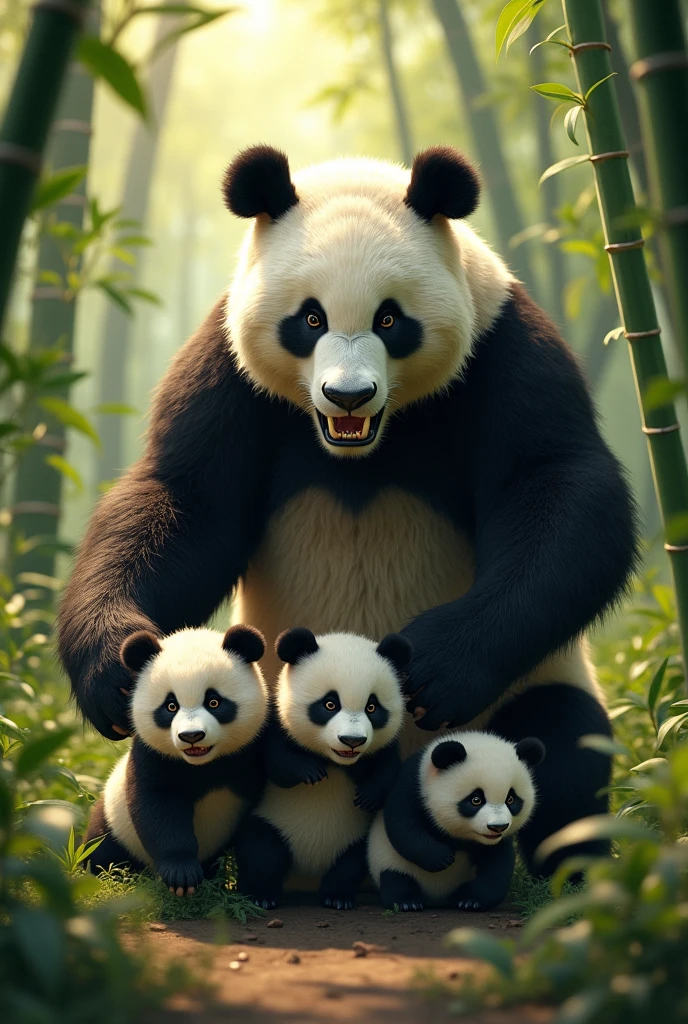 aggressive panda with children baby pandas surrounded by nature  