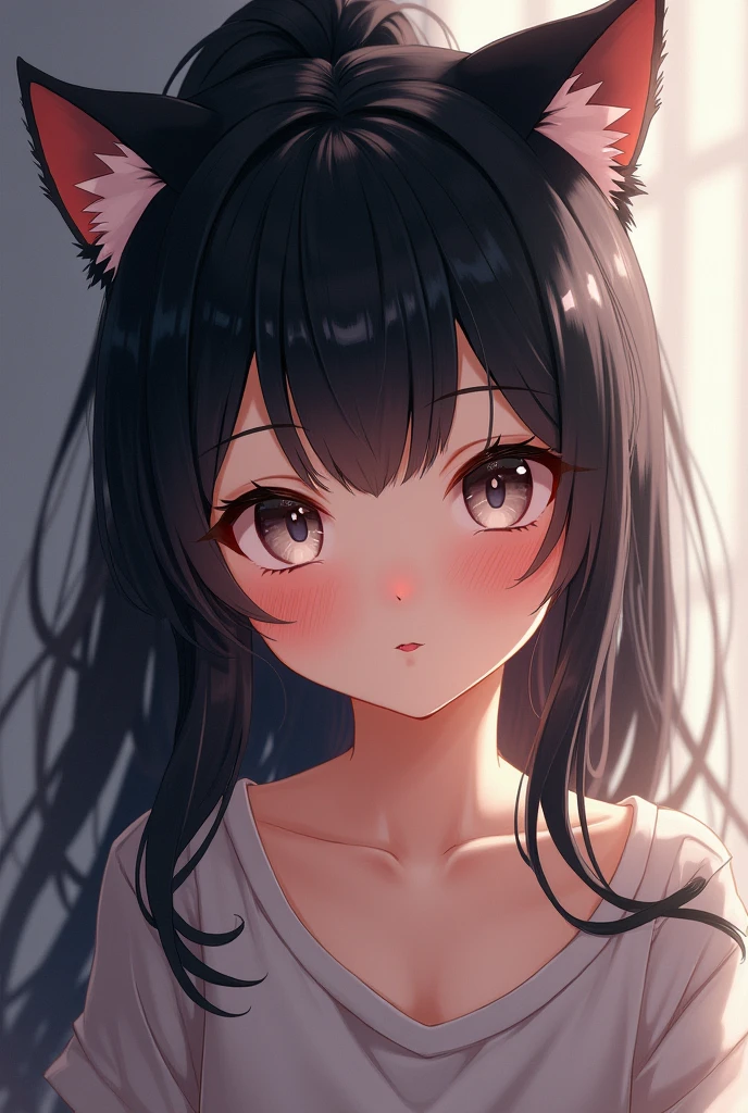 One person, Long Hair, Blushing, Black Hair, ponytail, Cat ear, Feet out of frame, Highest quality,