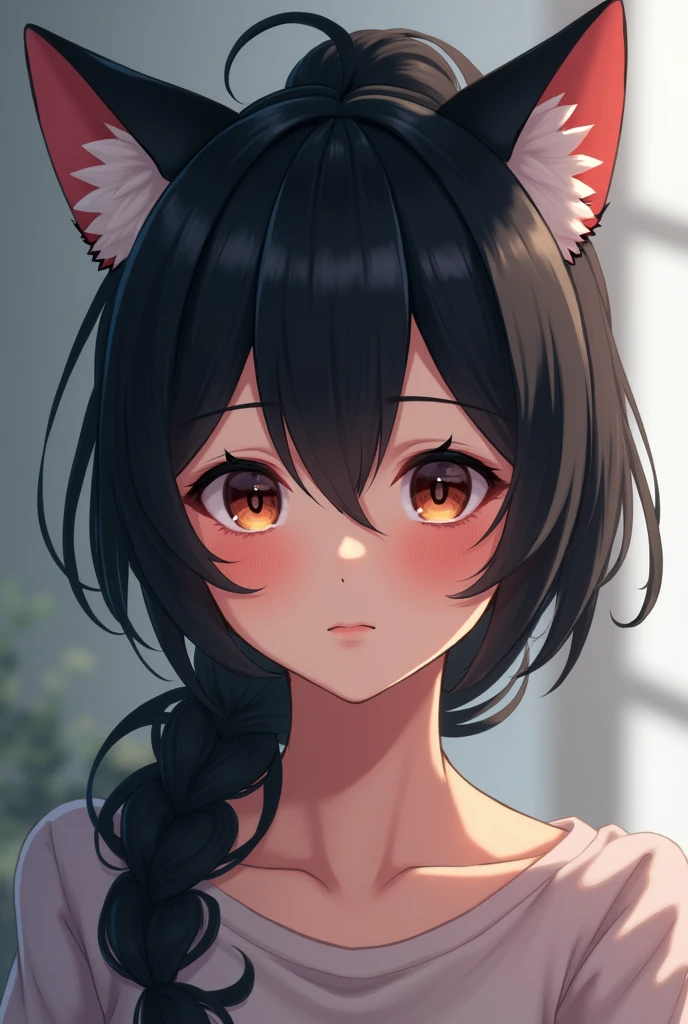 One person, Long Hair, Blushing, Black Hair, ponytail, Cat ear, Feet out of frame, Highest quality, 