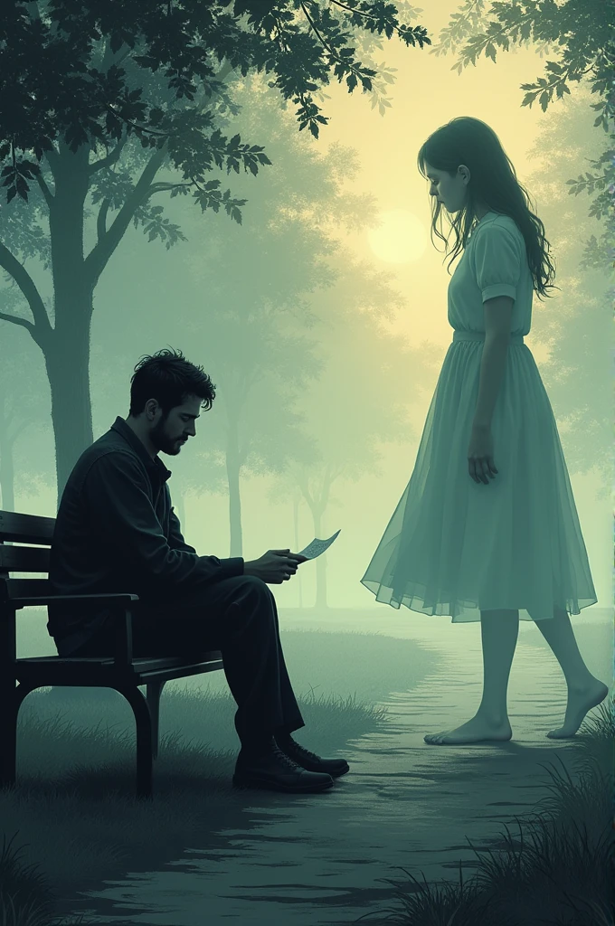 Make me a comic with these plans
**Table 1:** A lonely man sitting on a park bench, with a note in his hand and a lost look.
**Table 2:** Flashback: Man receives note from a smiling and happy woman, it is kept carefully.
**Table 3:** The man opens the note in the present and it reads: "I will always be with you."
**Table 4:** The image shows a shadow of the woman behind the man on the bench, but he doesn't see her.
**Table 5:** The shadow of the woman begins to fade, while he becomes aware of her presence.
**Table 6:** The man smiles sadly, putting the note back in his pocket, accepting that even though she is not physically there, His love will always accompany him.