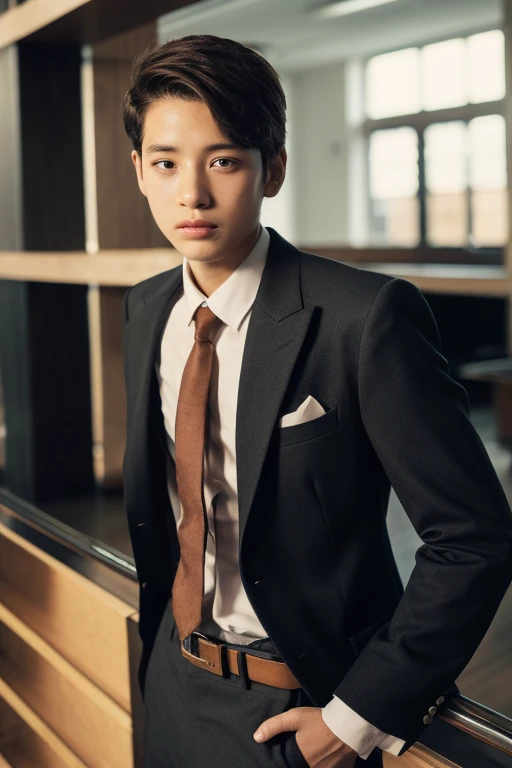 a 13 year old male wearing a suit
BELT VISABLE 4K HIGH QUALITY DETAILED