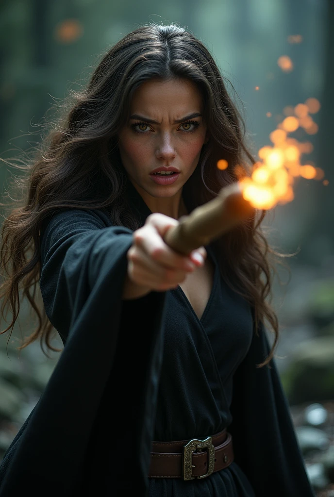 A woman with dark brown wavy hair pointing her wand to the screen and showing pain on her face