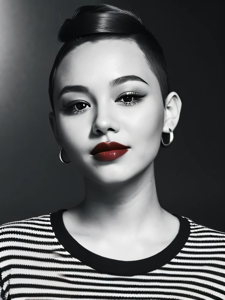 woman, Bright red lips, Skinhead, Monochrome, Europe, high quality