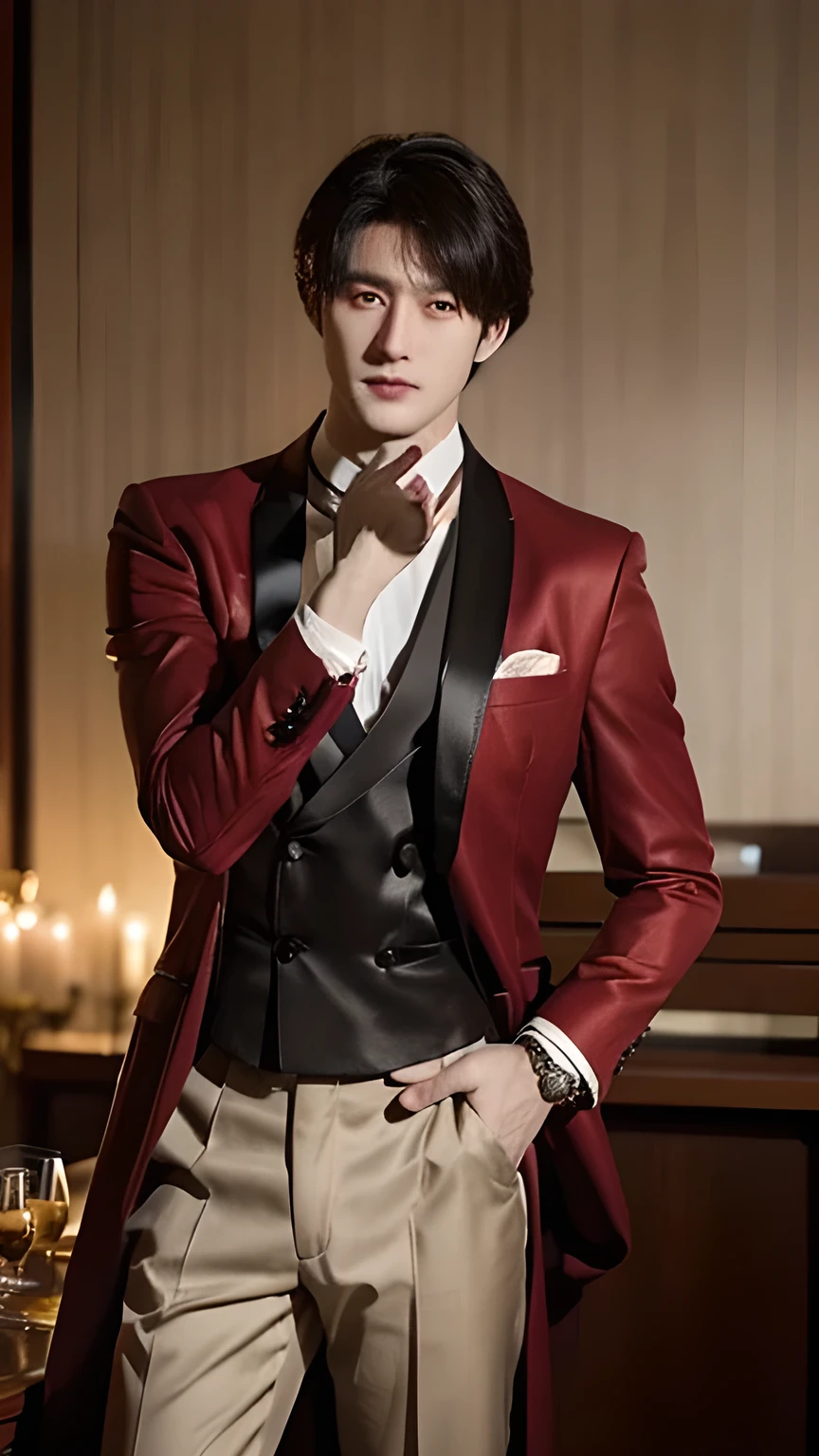 Wine red tuxedo、Handsome、Purple tie、Chinese