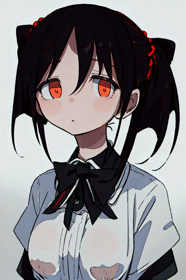 (score_9,score_8_up,score_7_up,score_6_up,score_5_up,score_4_up), simple background, ribbon, school uniform, (best quality, masterpiece, raw photo, ultra detailed:1.2), 1 girl, alone, looking at viewer, pale skin, black hair, black sclera, white eyes, neutral expression, sensual clothing, nipples showing through shirt, lace underwear