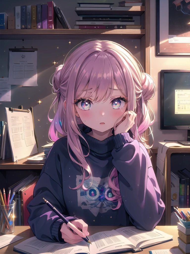 ((8k, Highest quality, masterpiece: 1.3)),Ultra-high resolution,(1 girl, alone), (Color changing eyes, Ultra-detailed, Expressive brilliance, Glitter, Glowing Eyes), Highly detailed eyes, Highly detailed face, Random Hair, ((pastel colour))A young girl with dark, wavy hair tied back in a loose bun sits at her desk, working on a school assignment. She’s wearing a comfortable, loose-fitting sweatshirt, her expression one of deep concentration as she writes in her notebook. Her eyes are focused on the page, but she occasionally looks up at the camera with a thoughtful, determined gaze, her brow slightly furrowed in focus. The room is dimly lit, with a desk lamp casting a warm glow over her workspace. The walls are adorned with a few posters, and the desk is cluttered with papers, pencils, and a calculator, evidence of a busy study session.