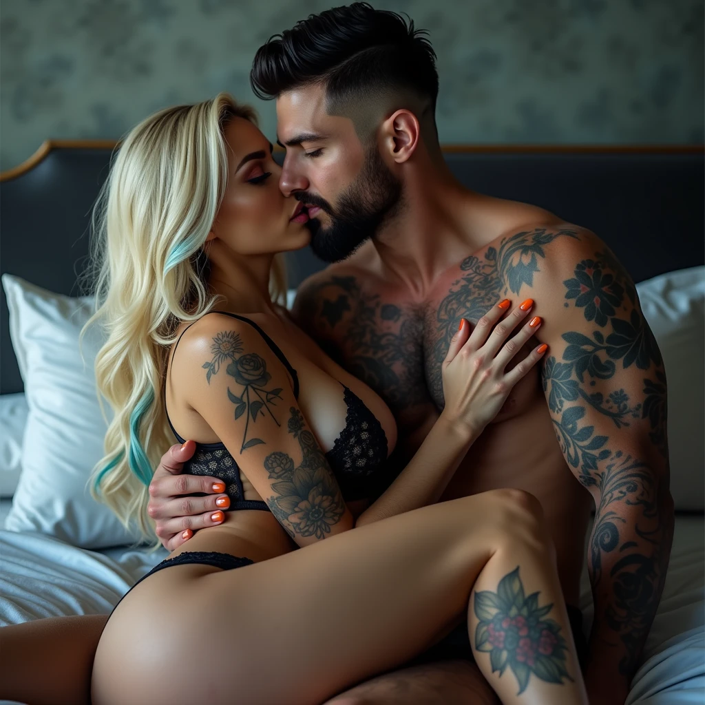 vivid, hd, zoomed out, a gorgeous smiling, Caucasian woman, long blonde hair with blue hair ends, blue eyes, beautiful makeup and contour, tattoos, big breasts, seductively making out on a bed, wearing lingere, kissing a handsome white man with jet black hair with skin fade, short black beard, tattoos, blue eyes, athletic build, muscles