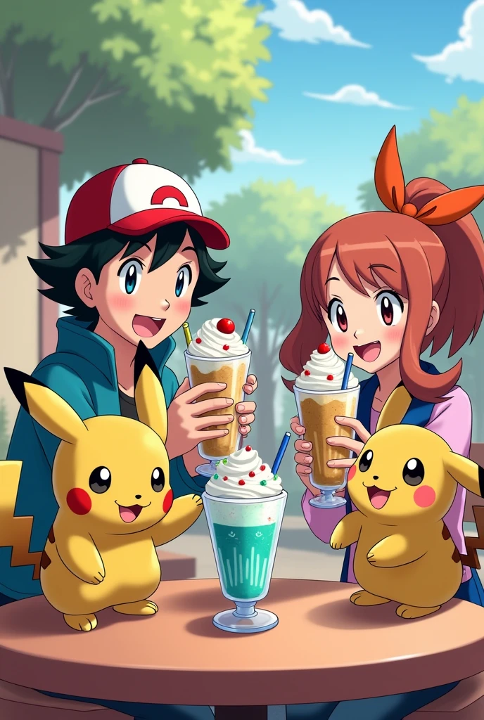 pokemon characters sitting at a table with a milkshake in front of them, pokemon anime style, official art, pokemon art style, misty from pokemon, pokemon style, illustration pokemon, drink milkshakes together, in pokemon comic, for pokemon red and blue, promotional art, ash ketchum, pokemon trainer, pokemon, anime food, official artwork, pokémon, official anime artwork