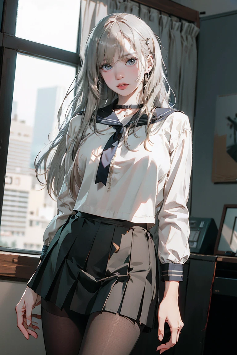 ((See-through)), (Sailor collar uniform), shirt, Pleated skirt, (Black Pantyhose), [:(Detailed face:1.2):0.2], RAW Photos, (masterpiece), (Highest quality), High resolution, (Realistic, photo-Realistic:1.2), Super detailed, Physically Based Rendering, One person, Air Van, Long Hair, (Silver Hair), Wavy Hair, (Large Breasts),