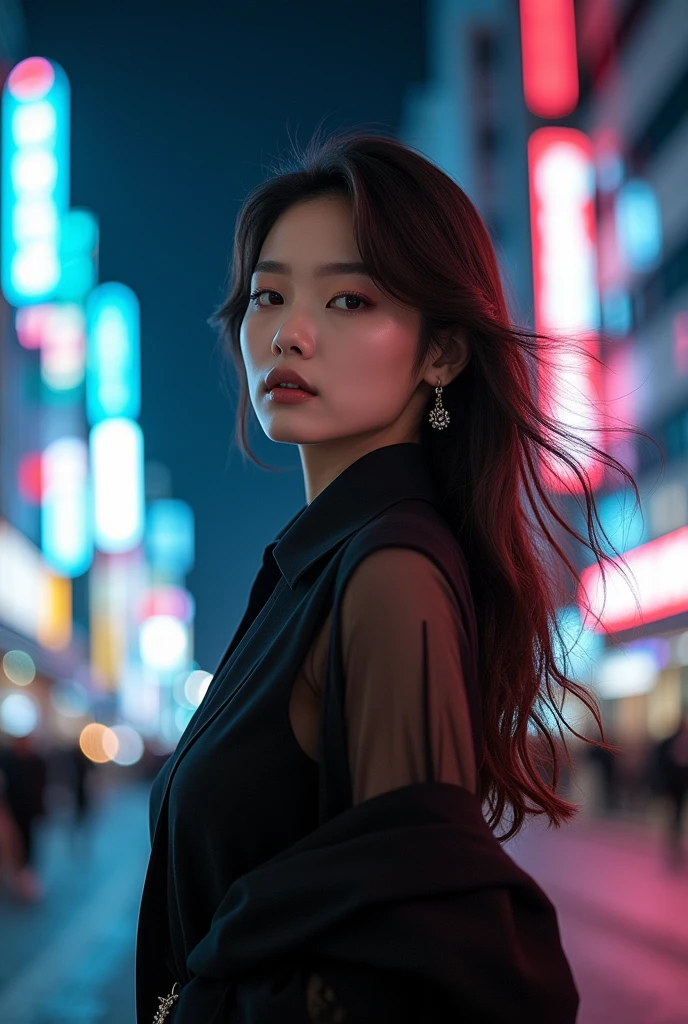 ((best quality)), ((masterpiece)), (Cinematic Aesthetic:1.4) Photo of a beautiful korean fashion model bokeh city night
