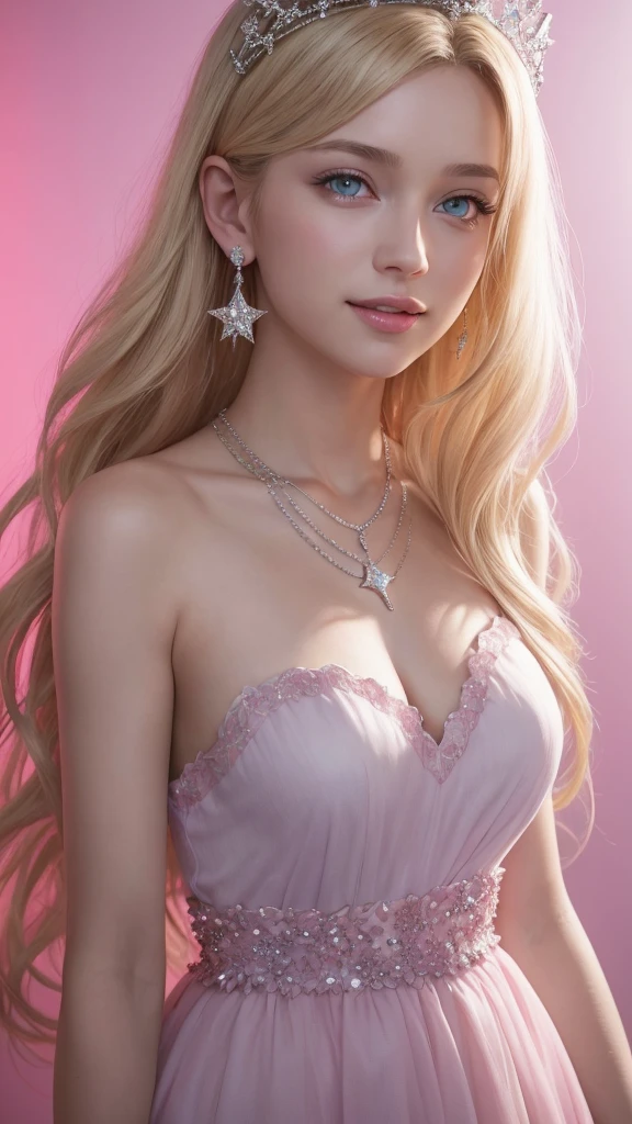 A girl with star-blue eyes and a blushing face, perfect lighting, upper body shot, blonde hair with long waves, jewelry, and a sparkling gradient pink background. She is wearing a pink dress, earrings, a tiara, and a necklace. The scene is realistic with side lighting, detailed facial features, bangs, bright skin, and a light smile. She is looking at the viewer. The setting is rendered in Unreal Engine.