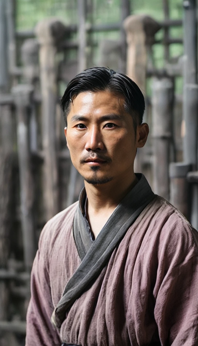 image of a prisoner at the time of imperial china where guards cut their hair with an agunia face fundo escuro, hyperrealisti, ultra detailed hyperrealisti, photorrealistic, studio lighting, Reflections, dynamic pose, cinematic, color grading, fot, Shot with a 50mm lens, Ultra-wide angle, Depth of field, 超detailded, beautifully color-graded, 8k