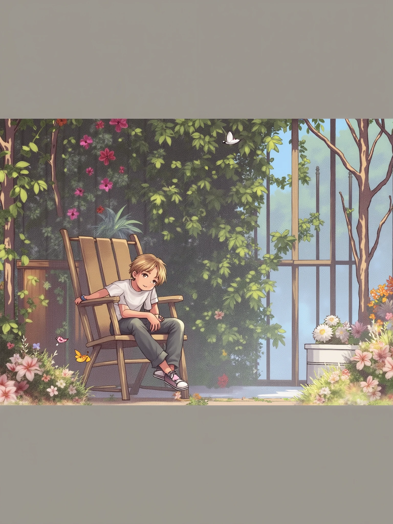 Boy sitting on chair in garden