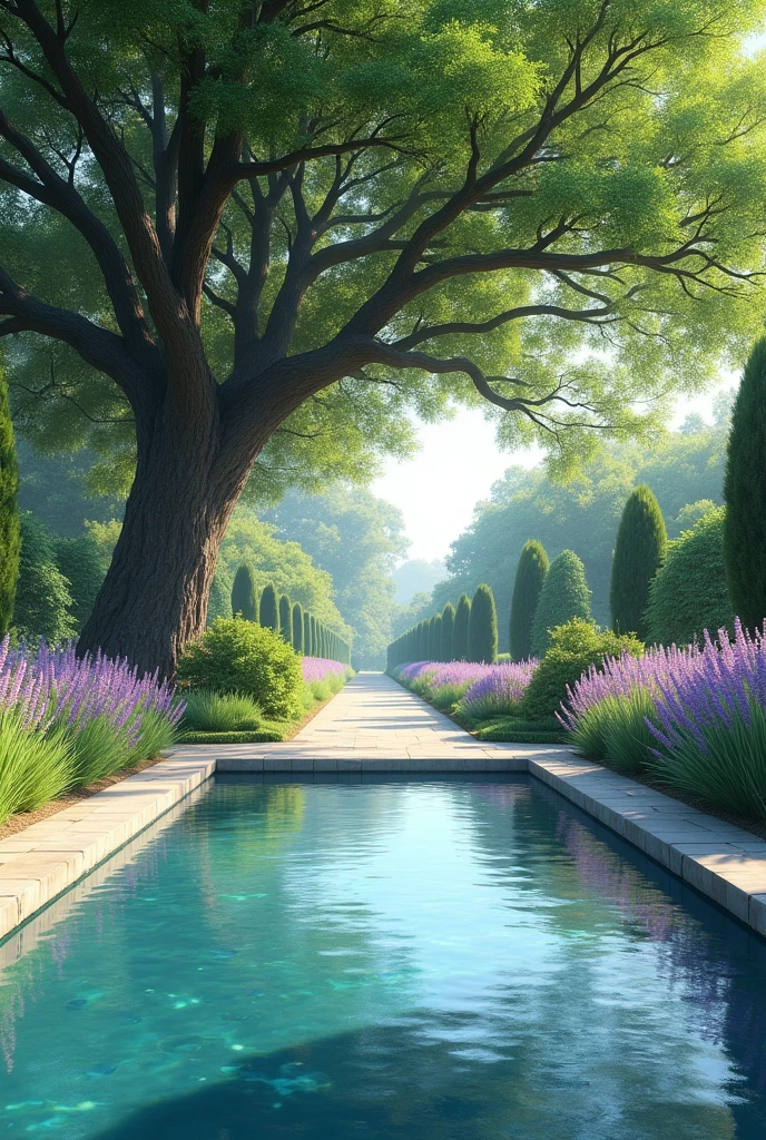 Create an image from the following:In the center of the garden, A crystal clear pool reflects the leaves of a majestic oak tree that provides shade. around, Lavender clumps fill the air with their relaxing fragrance, while the tendernesses bloom in soft tones, adding a touch of color next to the water. This space combines freshness and serenity, inviting tranquility under the sun.