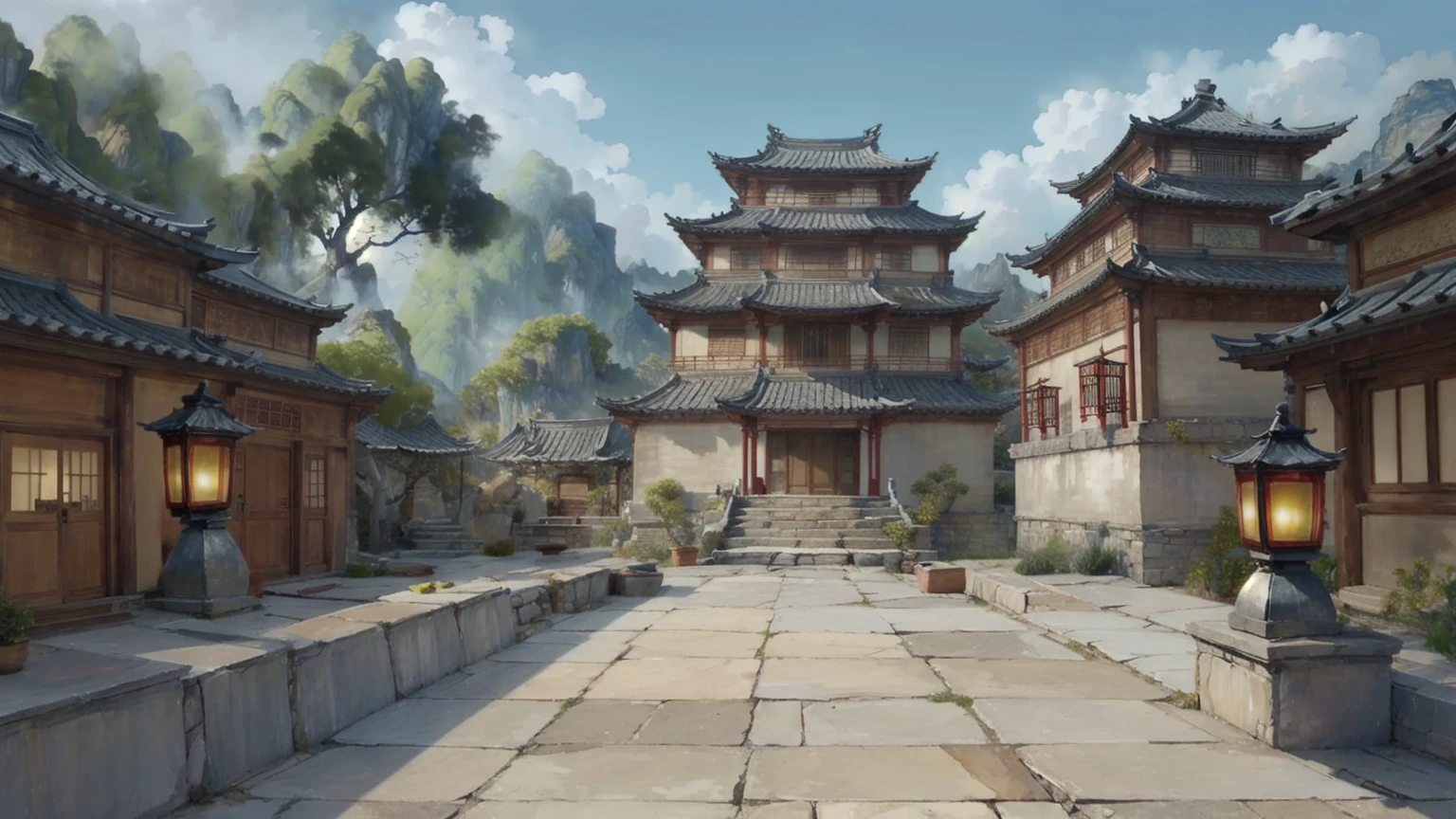 中国Ink画, masterpiece , best quality, Ink画,Guo Chao,Ink,(Xianxia scene,Fantasy fairyland scene,Pavilions,architecture具有东南亚特色,cloud雾缭绕:1.5),outdoor,Sky,daytime,cloud,Tree,Blue sky,nobody,window,plant,architecture,landscape,lantern,stairs,Potted plants,architecture,东亚architecture,landscape