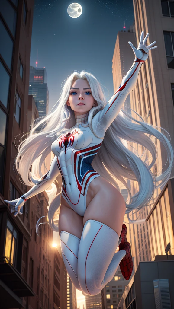 (masterpiece, 4K resolution, Surrealism, Very detailed), (white super hero theme, attractive, There was a girl in town, Wearing a spiderman costume, She's a superhero), [ ((25 years), (long white hair:1.2), whole body, (Blue eyes:1.2), ((Spider-Man pose),show strength, jump from one building to another), ((sandy urban environment):0.8)| (city View, night, dynamic lights), (full moon))] # interpretation: The prompt mainly describes an Ultra HD 4K painting, Very realistic, Very detailed. It shows a superheroine on top of the city, Wearing a knight costume. The theme of the painting is white super hero theme, the female protagonist has long white hair, is 2 and her entire body is shown in the painting. In depicting superhero action, employed，huge ，huge breasts，Show breasts，exposing her chest,
