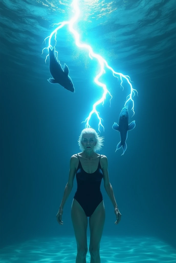 AN OLD WOMAN, quite lean, with white hair, Waist slender, wearing a black swimsuit swimming at the bottom of the pool being shocked by an electric fish with the blue of the shock being visible