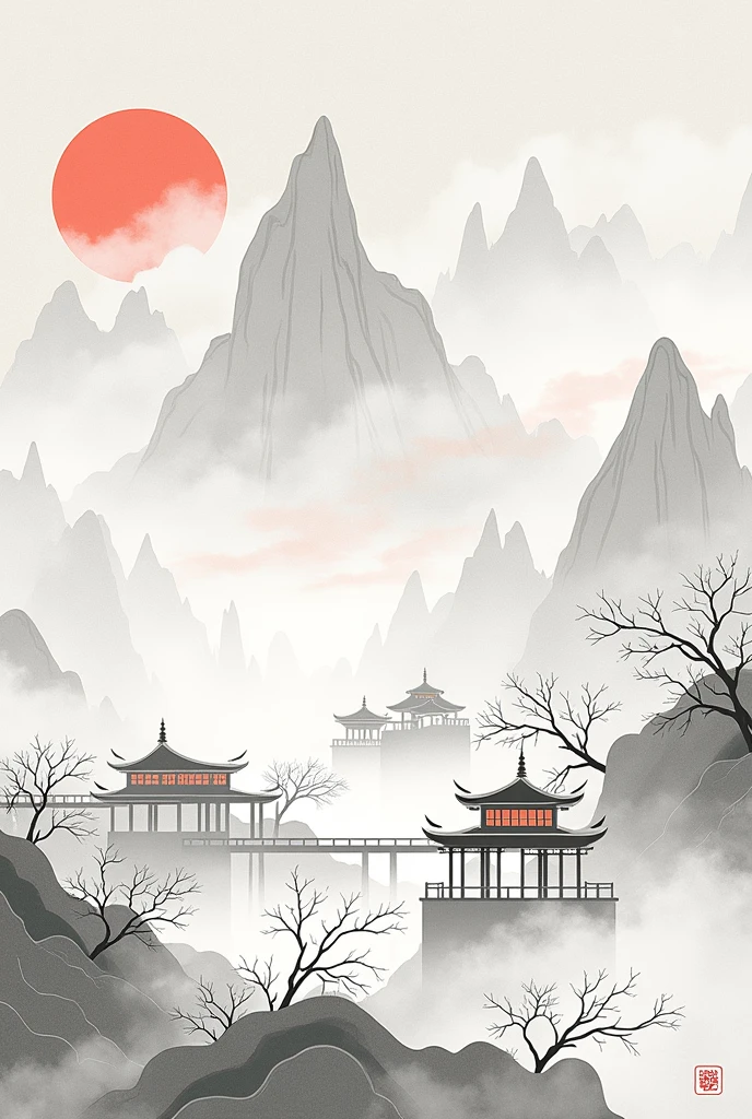 Chinese style，Mountain，cloud，architecture，abstract，Ink Painting，Elegant