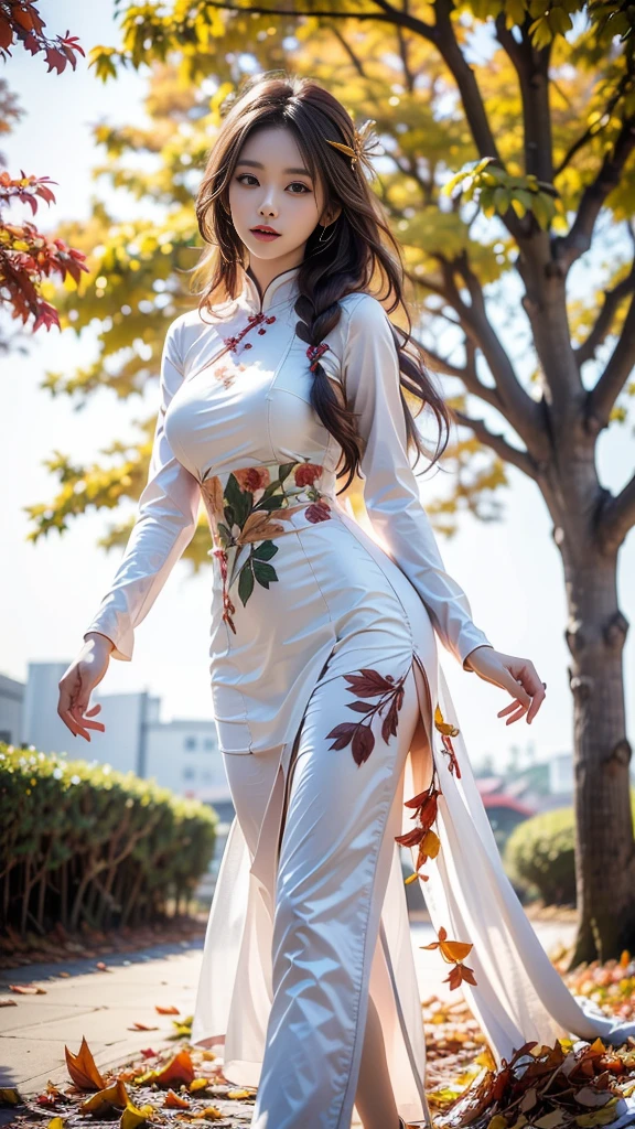 ulzzang-6500-v1.1, (RAW photo: 1.2), (Real photo), (Real photo: 1.4), 1 girl、Perfect anatomy、1 , Looking at the camera、Medium length hair、side braid, Vietnamese ao dai, walking under a tree with many fallen leaves, in the sunset, ((under a tree with many fallen leaves: 1.1))、(Business service)、Asian eyes Ella,
