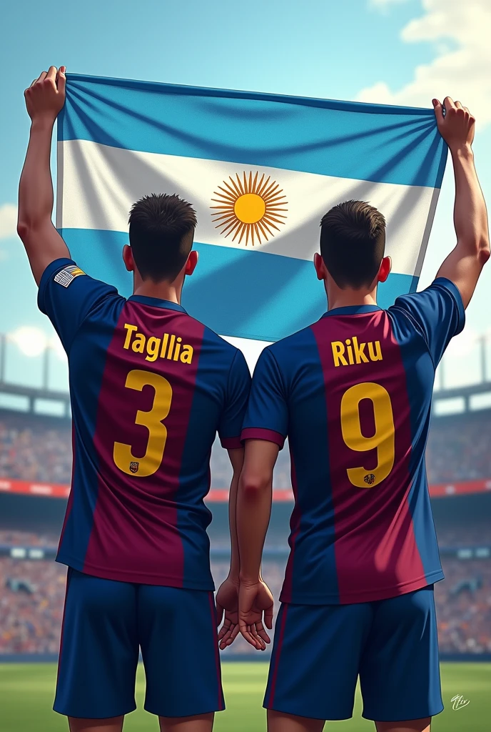 I want an image of the Argentine footballers wearing the Barcelona FC shirts raising the Argentine flag, the one with the number 3 with the name Taglia and the one with the number 9 with the name Riku and below the number INSANE FC 
