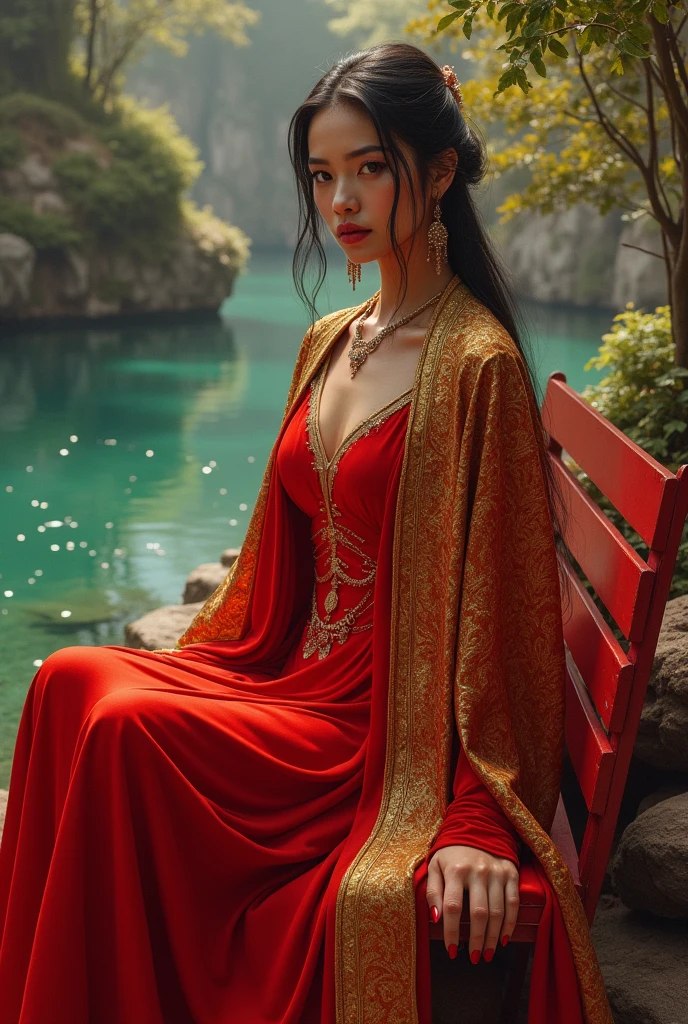 Alawid woman in red dress sitting on a red bench by the water, A photorealistic painting inspired by Magali Villeneuve, Winner of the CGosociety competition, Fantasy Art, Wearing a golden robe, Lady in red armor, Wearing a golden red imperial robe, Gorgeous role-playing, Scarlet Witch Costume, Wearing red wizard robes, Red robe, Aly Fell and Artgerm