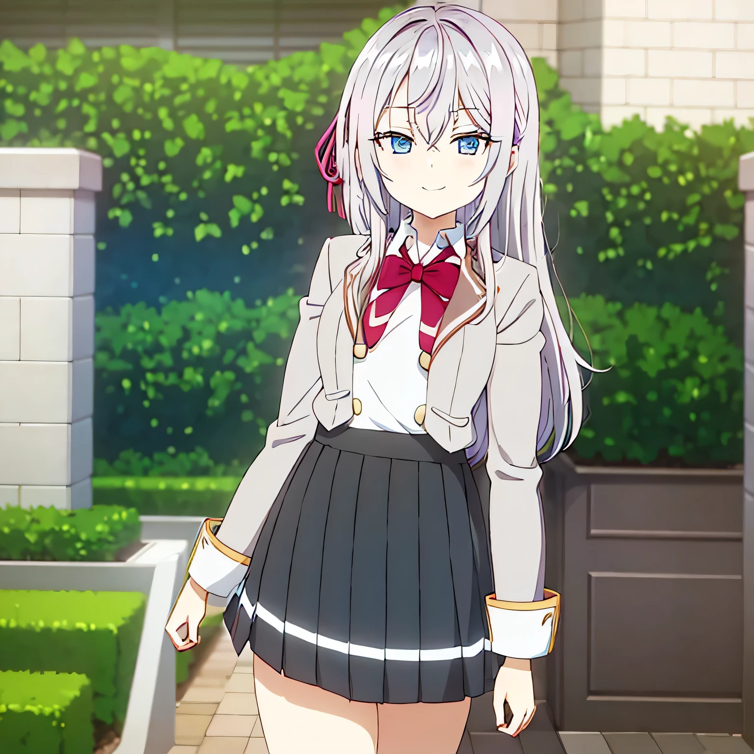 an anime girl with a cute and very cheerful expression. She has long silver white hair with a hint of pink., styled straight and shoulder length. Her eyes are big, light blue, long eyelashes and serious face. Her cheeks were slightly flushed and she was smiling.. She was wearing a simple white shirt and had a red ribbon tied on one side of her hair.. Her appearance exudes cuteness.. She stood in front of the house.