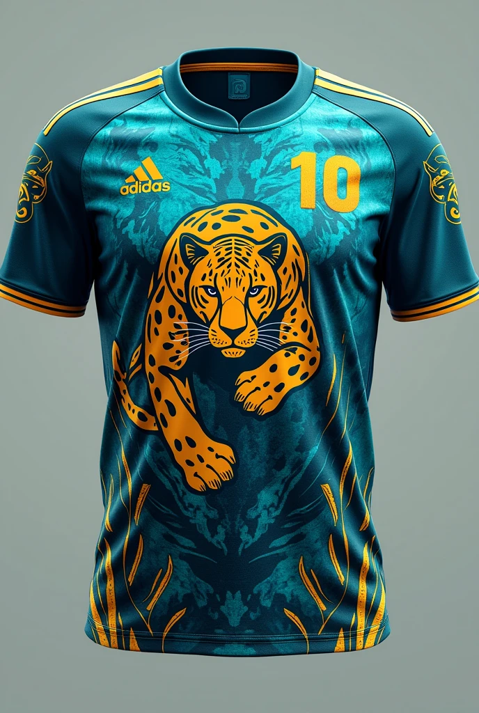 Football shirt in blue and light green Details :indigenous painting on the entire shirt in gold color Panther in the center of the shirt Number 10 on the upper right side