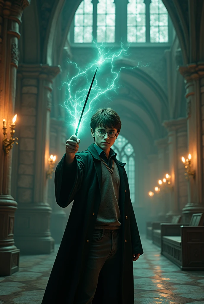Create a background where this harry potter using the wand in roblox in the name of (WAR AT HOGWARTS)