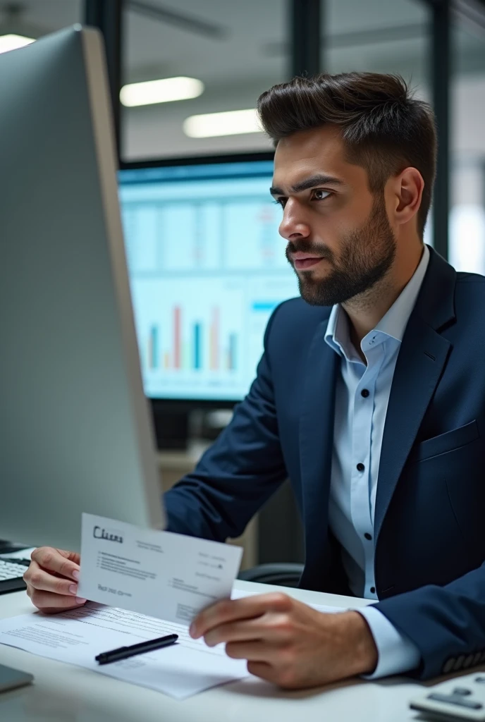 A photo of a sales consultant at a monitor with a check in his hand