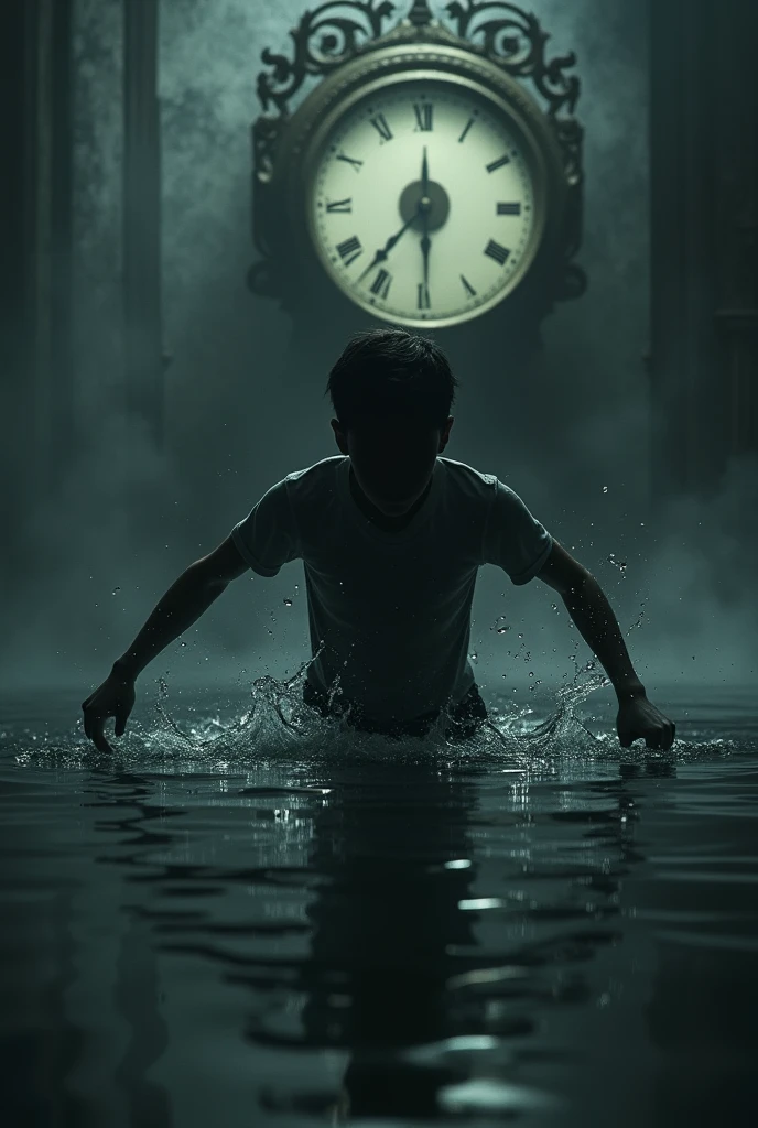 Silhouette of young teenager drowning in water with an antique clock in the background