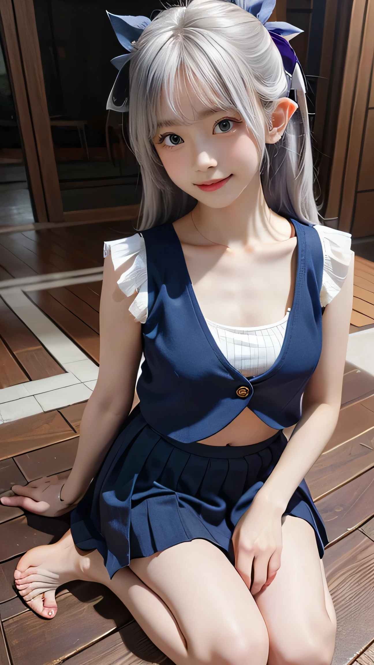 Highest quality,Realistic,masterpiece,detailed,High resolution,Cute , fine details, official style, 1 girl, white hair, tan, purple eyes, flat chest, one side up, pointy ears, hair ribbon, collarbone, sleeveless, (open vest), sky blue vest, no bra, yellow hat, candy, lollipop, purple wrist scrunchie, pleated skirt, blue miniskirt, barefoot, smiling, fangs, indoors, mischievous face, belly button, kneeling, full body, proud