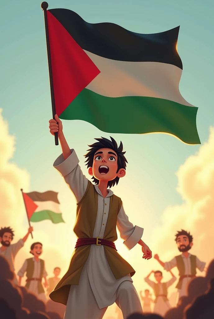 depict me a person holding a Palestinian flag with an expression of fighting for his country, wear clothes, make it an animation
