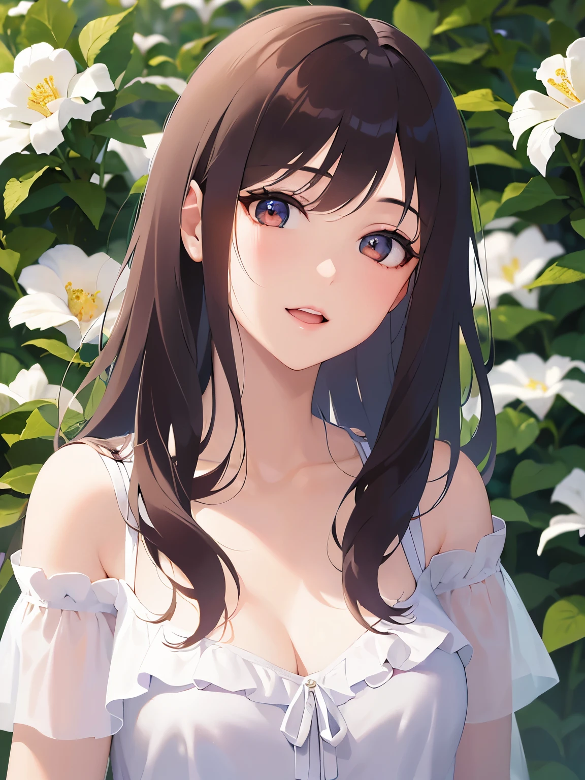 （looking at viewer:1.5）Upper Body, 
Realistic, real person, (pale skin: 1.2), RAW photo, photorealistic, shiny skin, shiny hair、(A 25-year-old woman with medium-length hair and bangs) and (wavy hair) and (brown hair) and (orange eyes) ,
(white) and (off shoulder blouse),
blush,smile,open mouth,Flower Field、（alone:1.5）