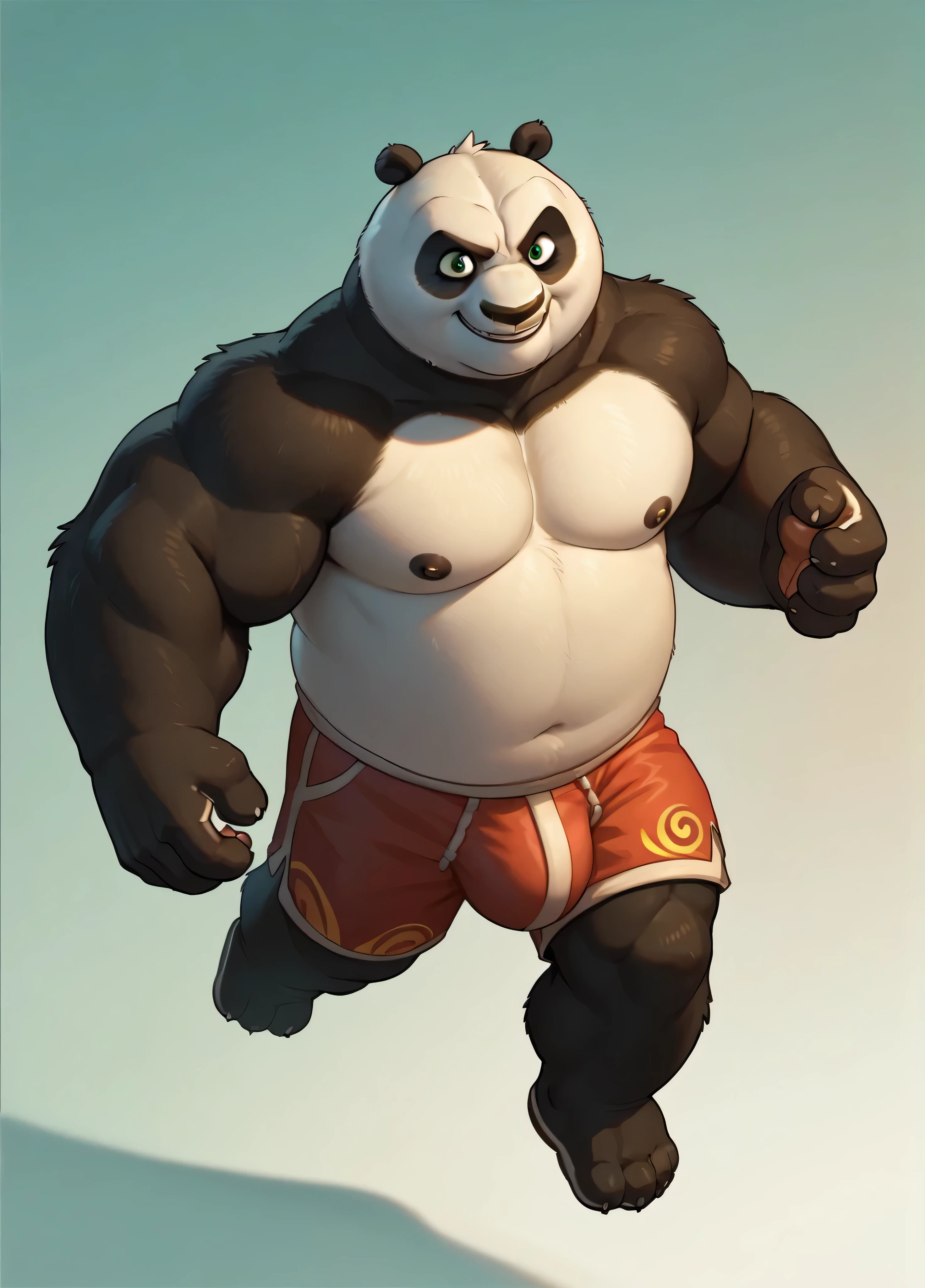 Master Po ping -kfp panda, big, fat, muscular fat, pecs  black and white fur, furry, panda ears panda paws, green eyes , doing kung fu, wearing shorts, big bulge, smiling,